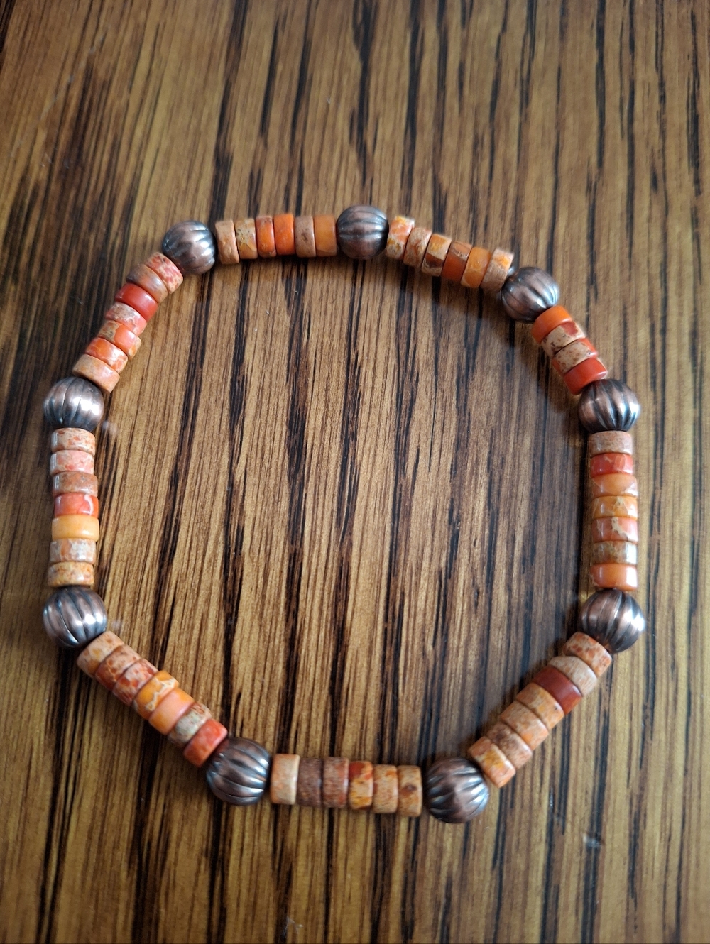 Bracelet Heishi Jasper Natural Stones And Copper Pearls Stretch